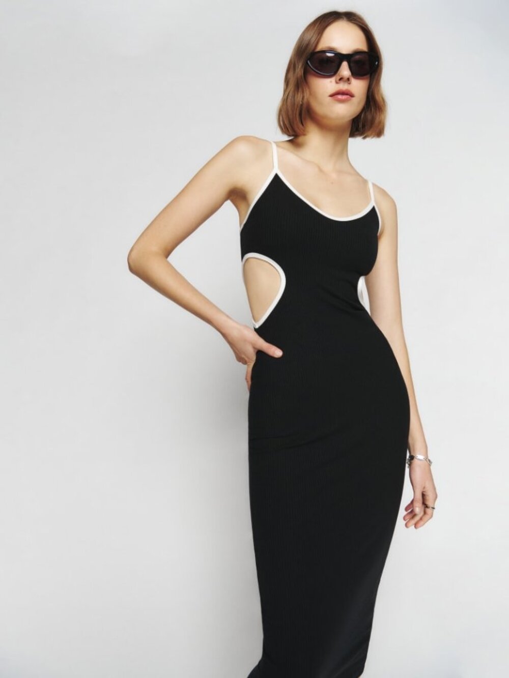 Reformation Lilou Knit Dress Black White Cutout Midi | Size S